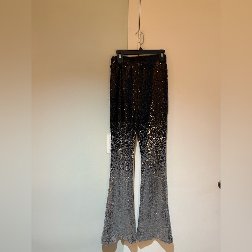 EUC Ombre Black and Silver Sequin Bell Bottoms
